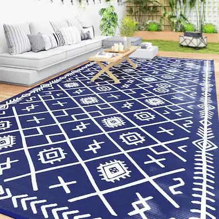 Front. Outsunny - Reversible Outdoor Rug, 9' x 18' Waterproof Plastic Straw Floor Mat, Portable RV Camping Carpet, Large Floor Mat - Blue and White Rhombus.