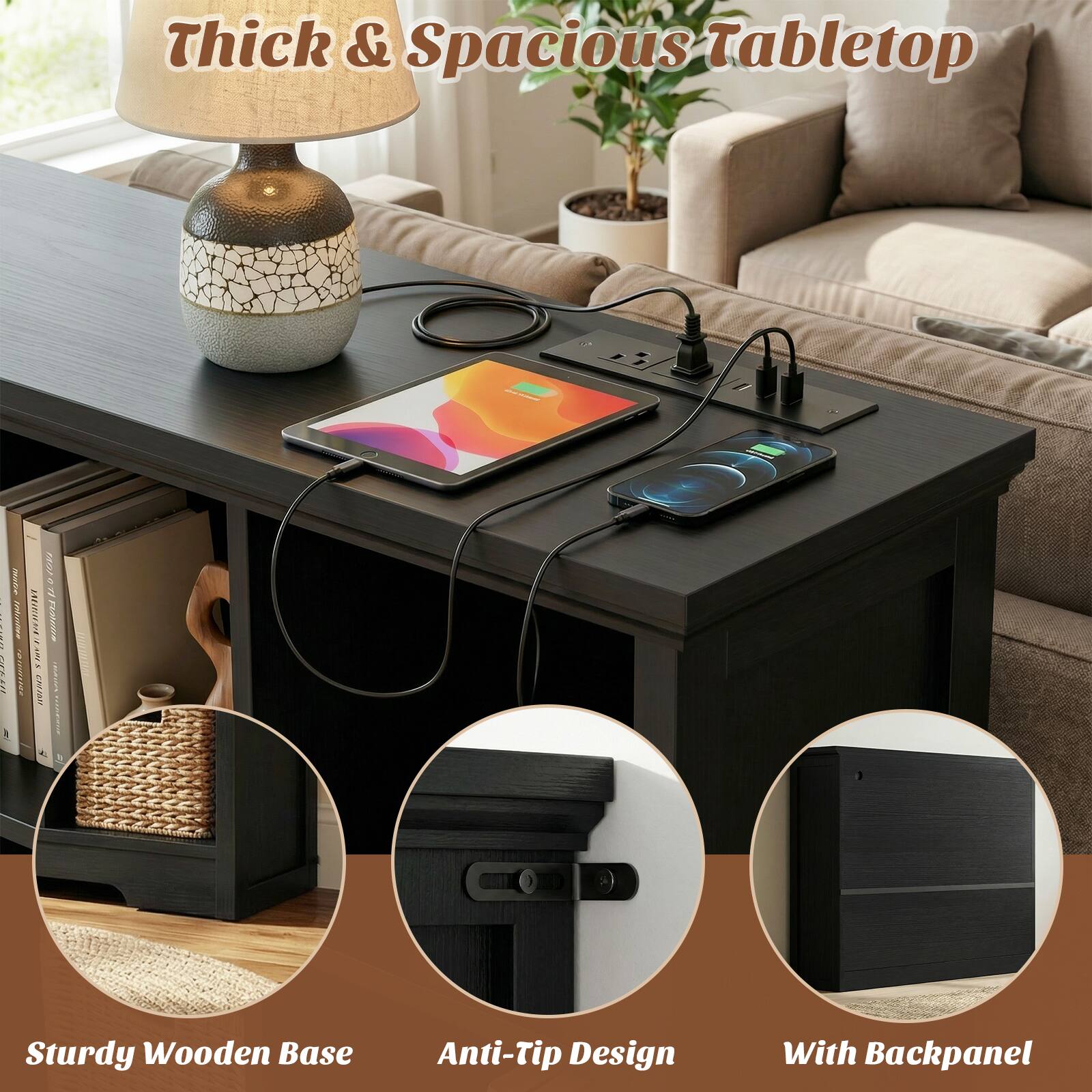 Thick & Spacious Tabletop

Sturdy Wooden Base

Anti-Tip Design

With Backpanel