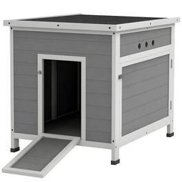 Pawhut - Duck Coop with Openable Roof, Removable Floor, Double Doors, Ramp, for 2-4 Ducks, Chickens - Light Gray