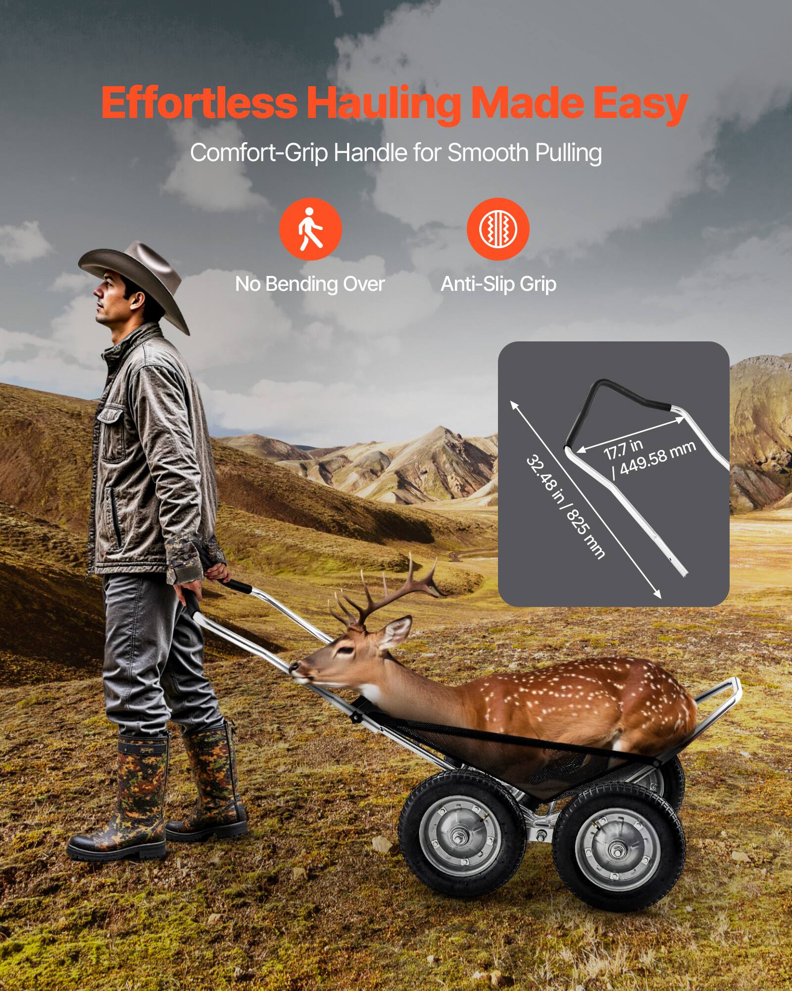 Effortless Hauling Made Easy  
Comfort-Grip Handle for Smooth Pulling  
No Bending Over  
Anti-Slip Grip  

17.7 in / 449.58 mm  
32.48 in / 825 mm