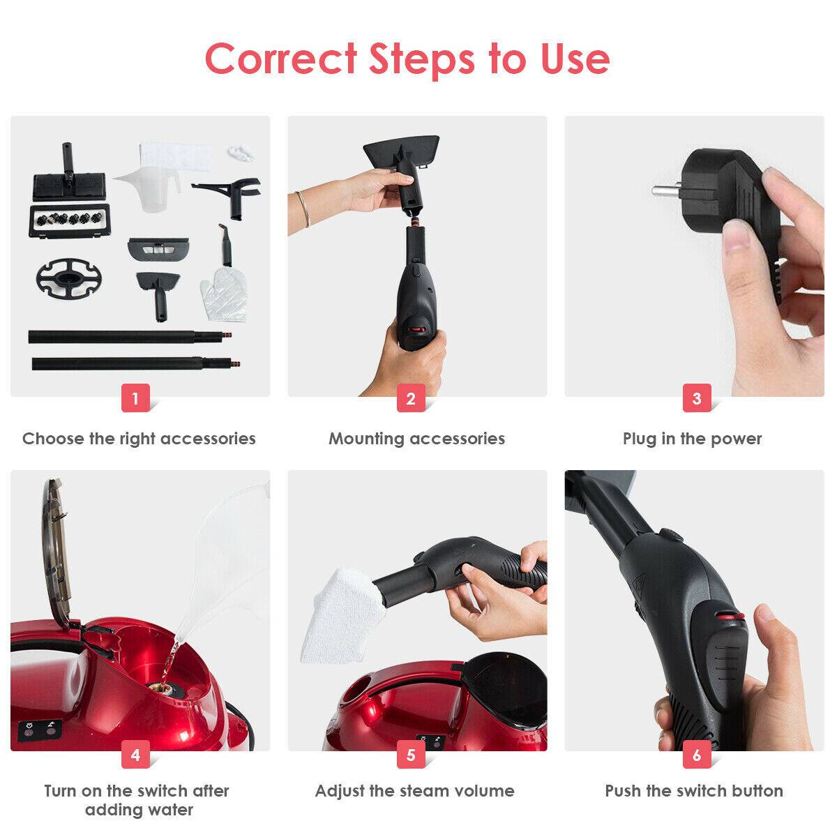 Correct Steps to Use

1. Choose the right accessories
2. Mounting accessories
3. Plug in the power
4. Turn on the switch after adding water
5. Adjust the steam volume
6. Push the switch button