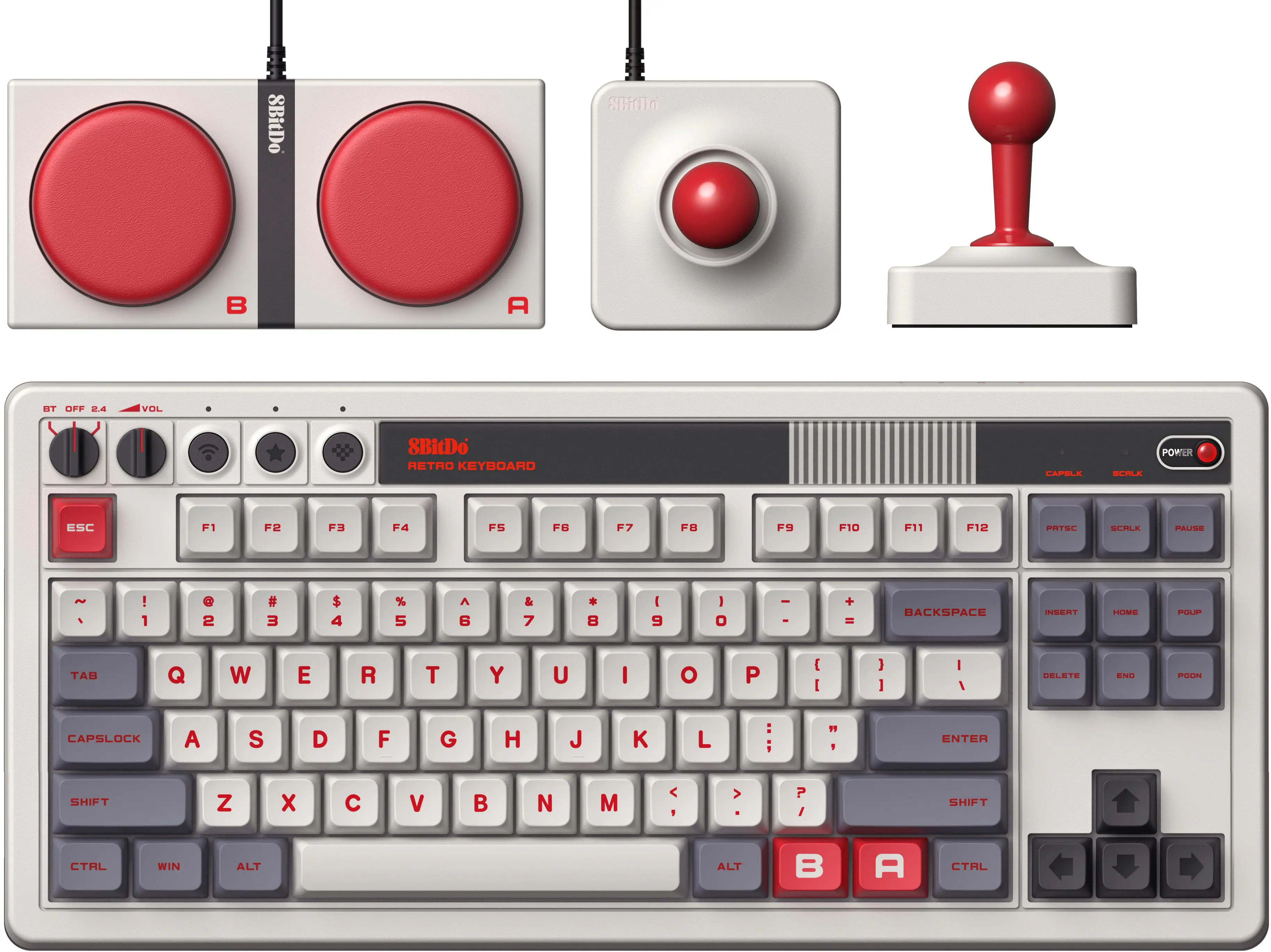 The image shows a close-up of a keyboard, which is a part of the 8BitDo Retro Keyboard. The keyboard has a retro design and features a variety of buttons, including a power button, escape button, function keys, and a number pad. The layout of the keyboard includes a standard QWERTY layout, with additional buttons for specific functions. The keyboard is designed to be compatible with various gaming systems and devices, providing a nostalgic and functional experience for users.