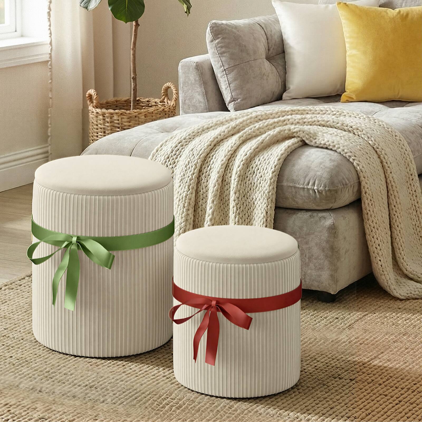 Angle. Pinmoco - Pinmoco Round Storage Ottoman Set of 2, Modern Upholstered Foot Rest Stool, 300 lbs Capacity - white.