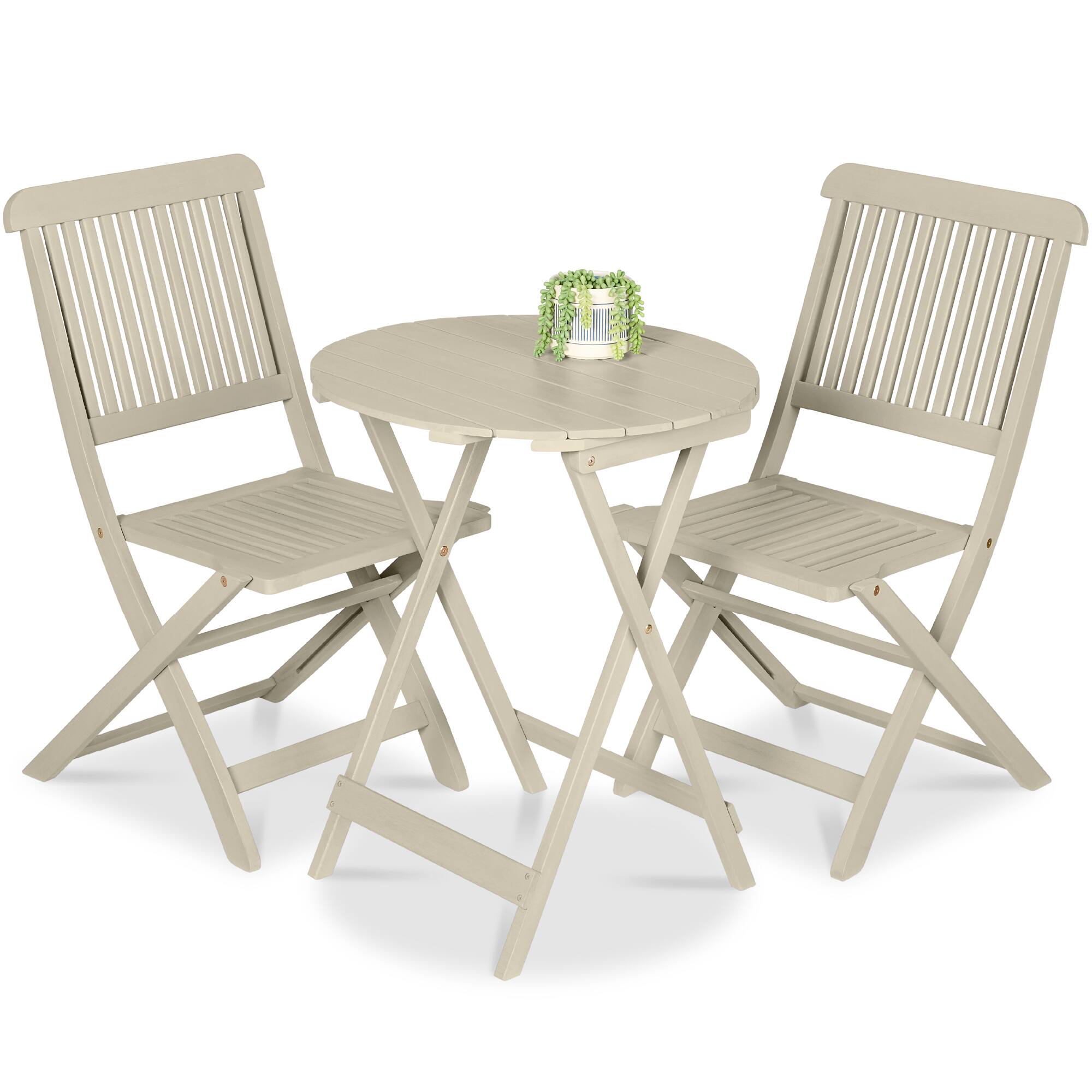 Best Choice Products - 3-Piece Acacia Wood Bistro Set, Folding Patio Furniture w/ 2 Chairs, Table - Cream