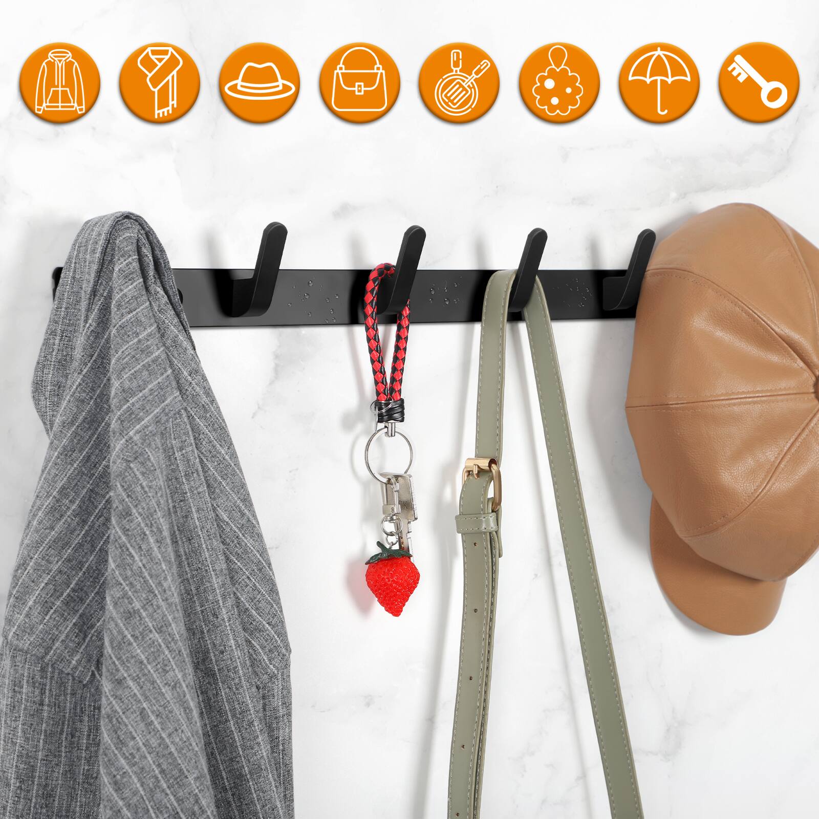 Left. Oumilen - Black Metal Wall Coat Rack with 6 Hooks – No Drill Adhesive Hanger for Coats, Hats, Towels, Entryway - Black.