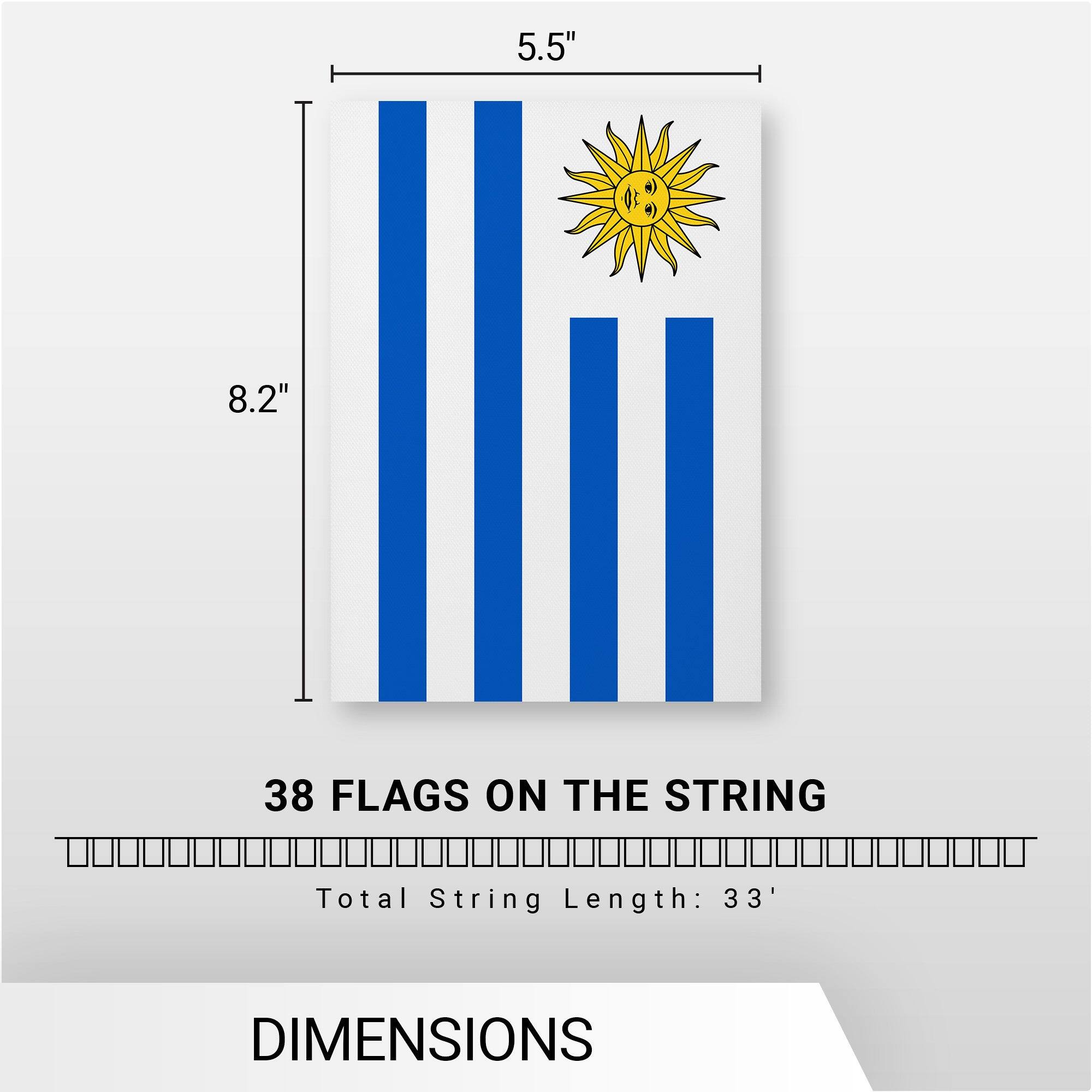 5.5"  
8.2"  
38 FLAGS ON THE STRING  
Total String Length: 33'  
DIMENSIONS