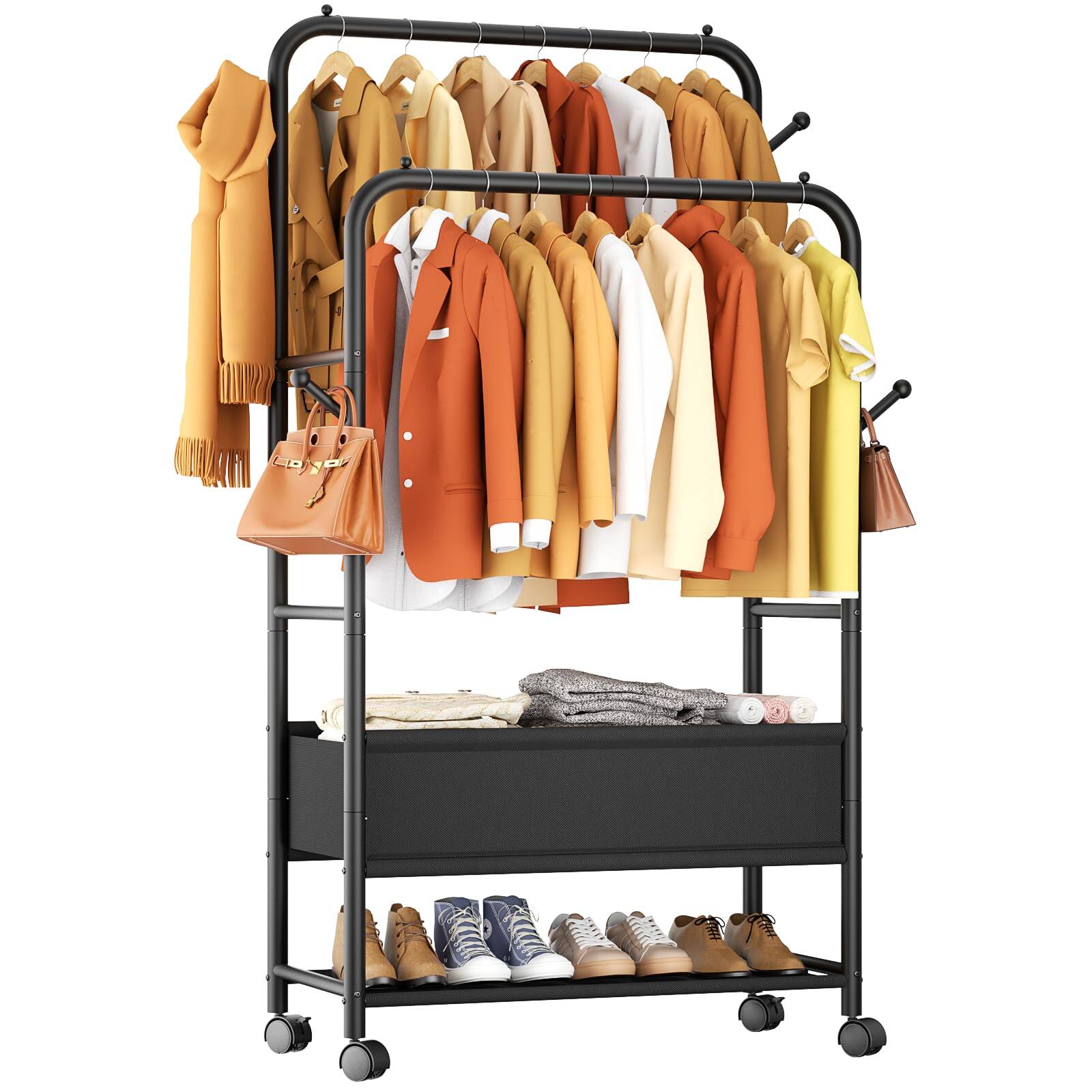 Front. Refined Abode Design - Rolling Clothing Racks For Hanging Clothes Double Rods Rack With Wheels Sturdy Coat Portable Metal Garment ... - Black With Storage Bin.