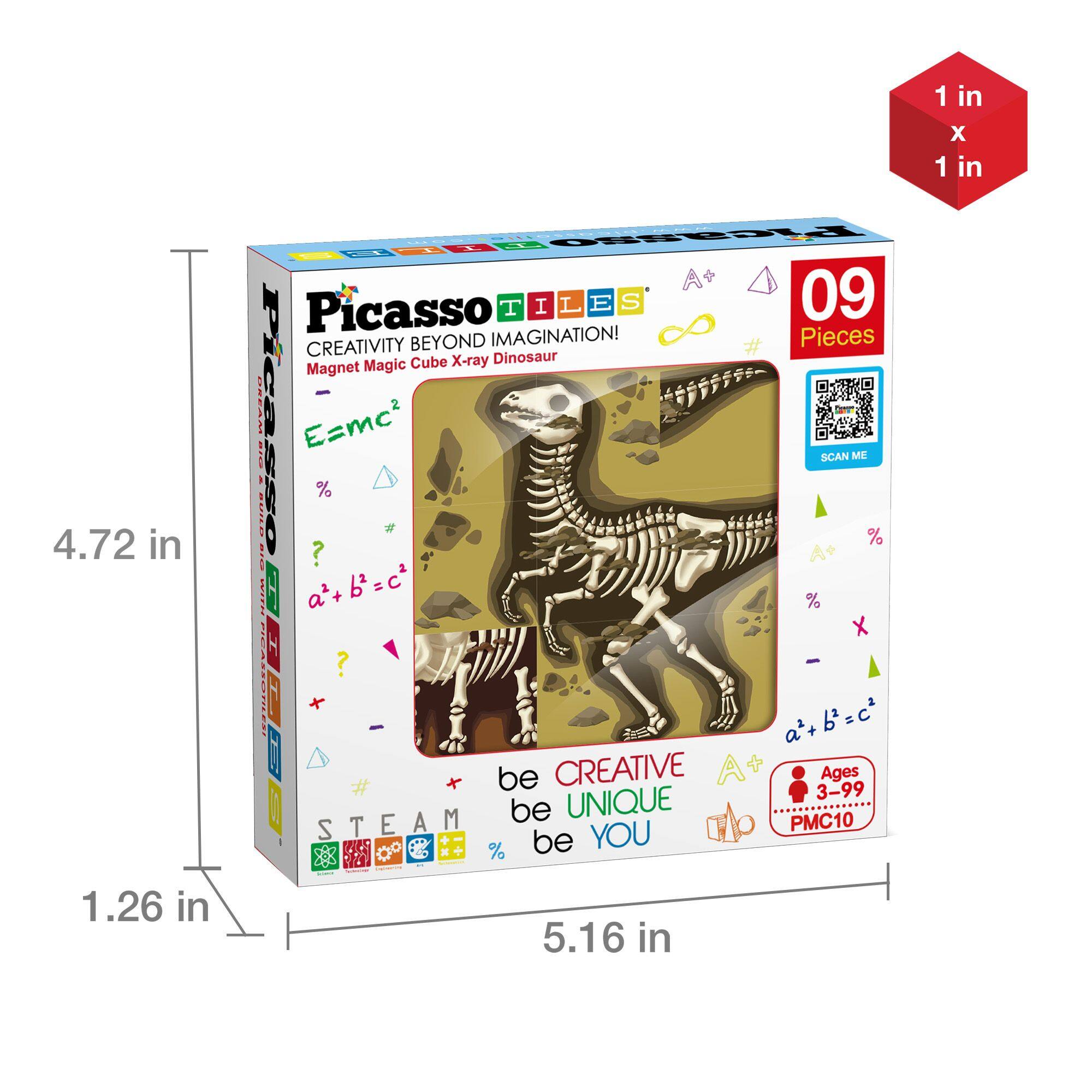 4.72 in  
1.26 in  
1 in x 1 in  

Picasso TILES  
CREATIVITY BEYOND IMAGINATION!  
Pieces Cube X-ray Dinosaur Magnet Magic  

E=mc²  

09 Pieces  

Ages 3-99  

be CREATIVE be UNIQUE be YOU  

STEAM PMC10  

5.16 in