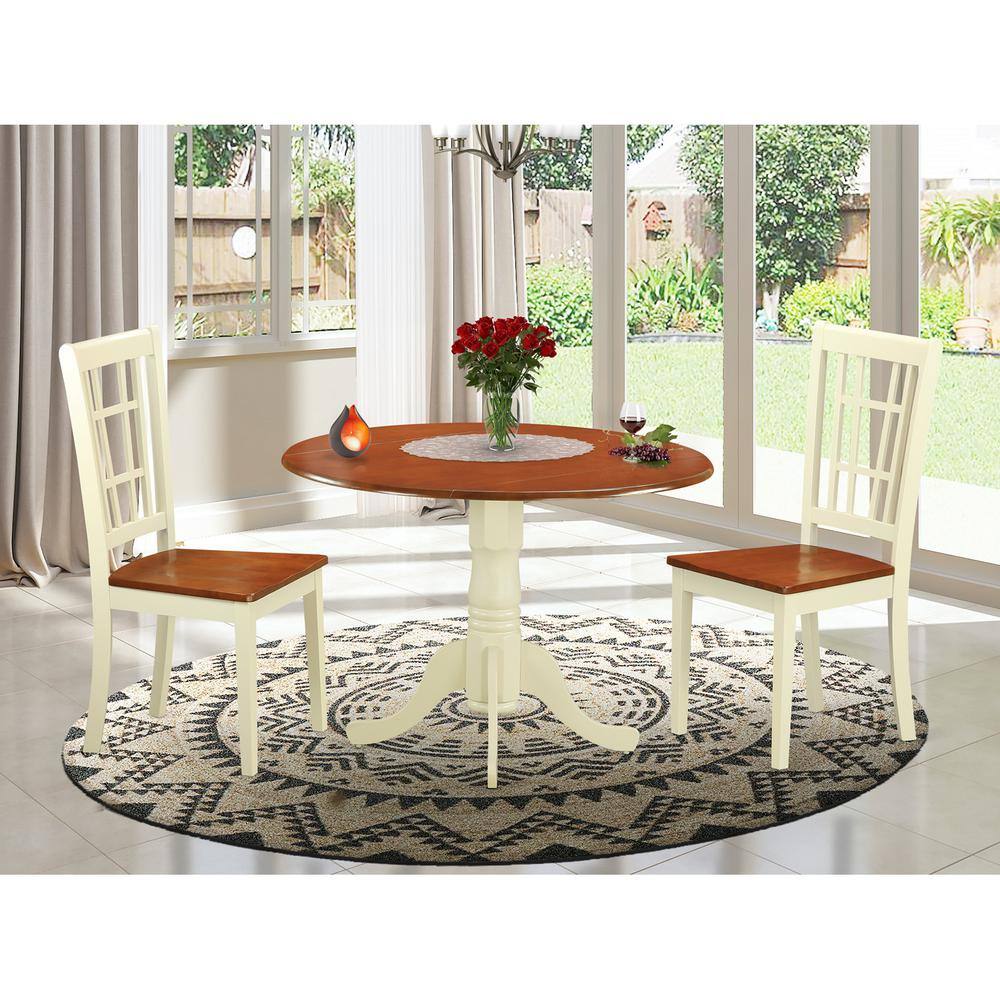 Back. East West Furniture - 3 Pc Dinette set for 2-Table and 2 dinette Chairs - Buttermilk & Cherry.
