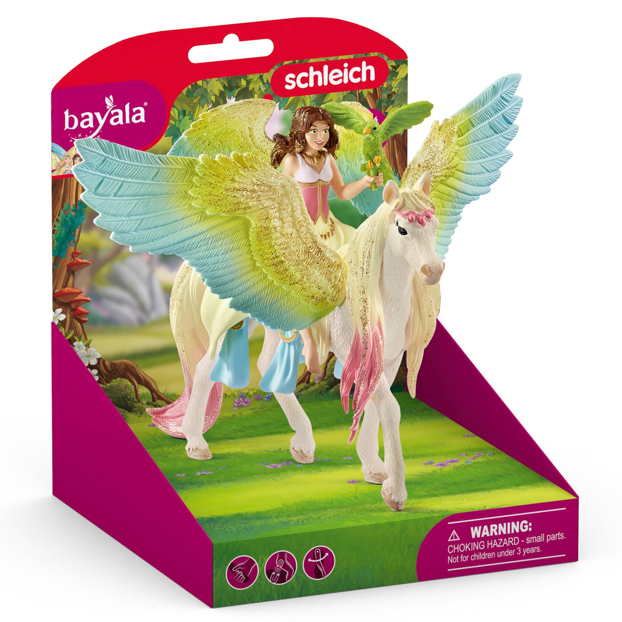 Bayala Schleich is a toy set that includes a girl riding a unicorn. The toy comes with a warning that it is not suitable for children under 3 years old due to small parts that could pose a choking hazard.