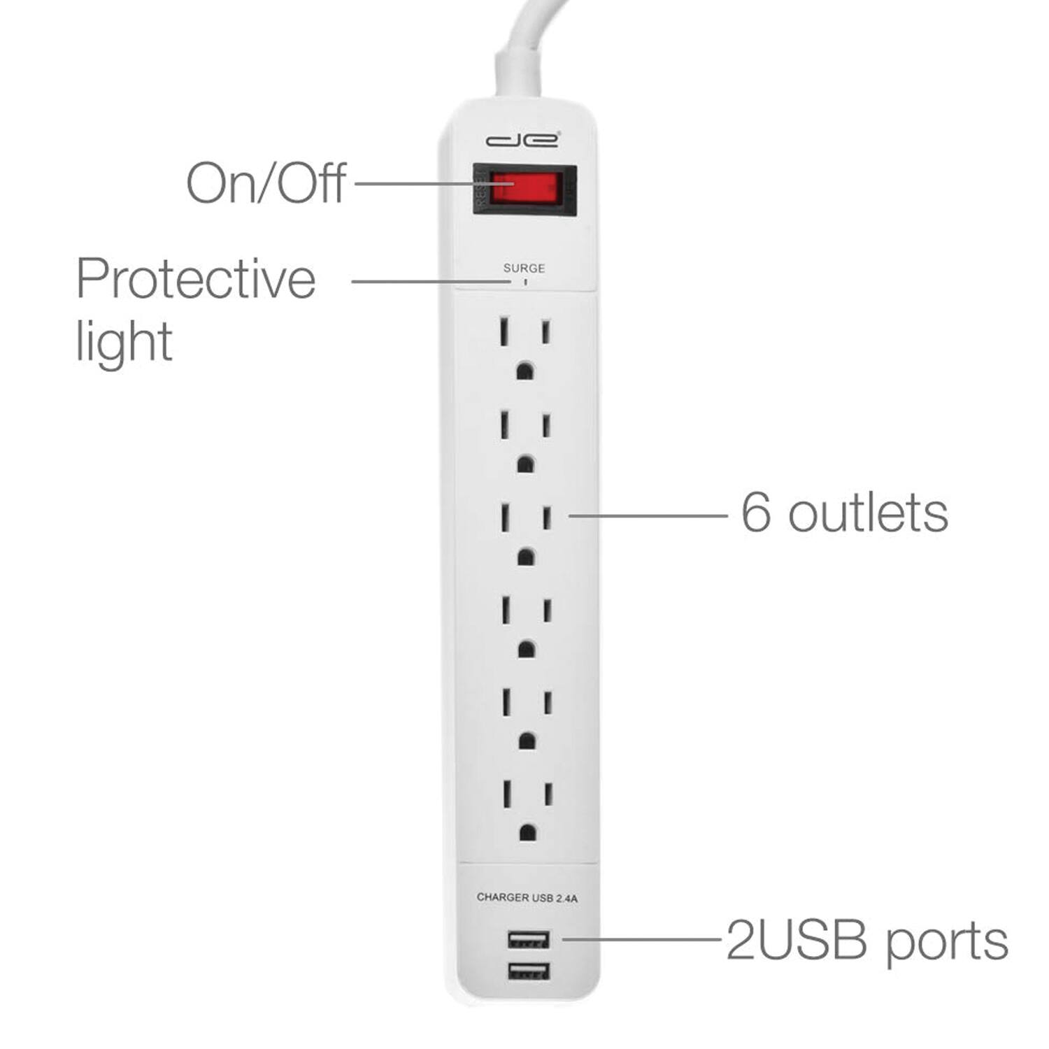 On/Off  
Protective light  
6 outlets  
2 USB ports