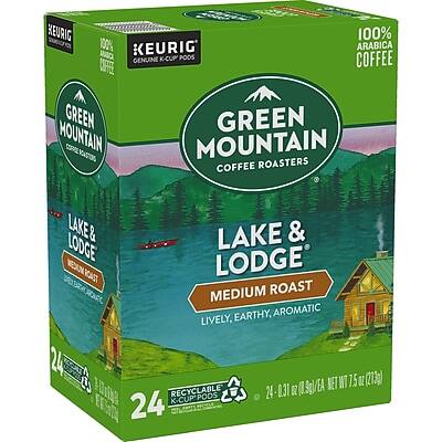 KEURIG 100% KEURIG GENUINE K-CUP PODS  
GREEN MOUNTAIN COFFEE ROASTERS  
LAKE & LODGE  
MEDIUM ROAST  
100% ARABICA COFFEE  
LIVELY, EARTHY, AROMATIC  
24 K-CUP PODS  
NET WT 7.15 OZ (203g)  
RECYCLABLE PODS  
24 - 0.31 OZ (3.5g/EA)