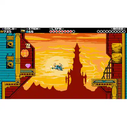 The image features a video game with a character flying through the air, possibly in a castle setting. The game has a sunset background, and the character appears to be in the middle of a jump. The game also has a scoreboard, which shows the player's progress in the game. The scoreboard indicates that the player has a total of 735 points, 68 items, and 1 life. Additionally, there is a boss in the game, which the player must defeat to progress further in the game. - E (Everyone)