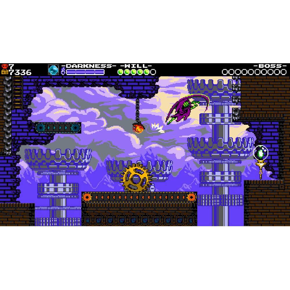 The image features a video game with a boss in the background, flying through the air. The game appears to be set in a dark, cloudy environment. The boss is surrounded by a castle-like structure, adding to the dramatic atmosphere of the scene. The game is likely a platformer, given the presence of the boss and the challenging environment.