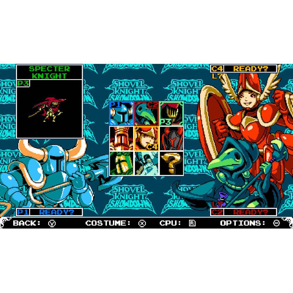 The largest text reads "SHOVEL KNIGHT SHOWDOWN." The image features a video game character, Specter Knight, and a knight character from the game. The game is set in a blue background with various characters displayed. The game is ready to be played, and there are options available for the players.