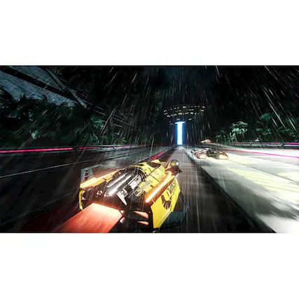 The image shows a yellow car racing down a dark road at night. The car is speeding down the road, and there are other cars visible in the scene as well. The road appears to be wet, possibly due to rain or other weather conditions. The image captures the thrilling and fast-paced nature of the race, with the yellow car being the main focus. - E (Everyone)