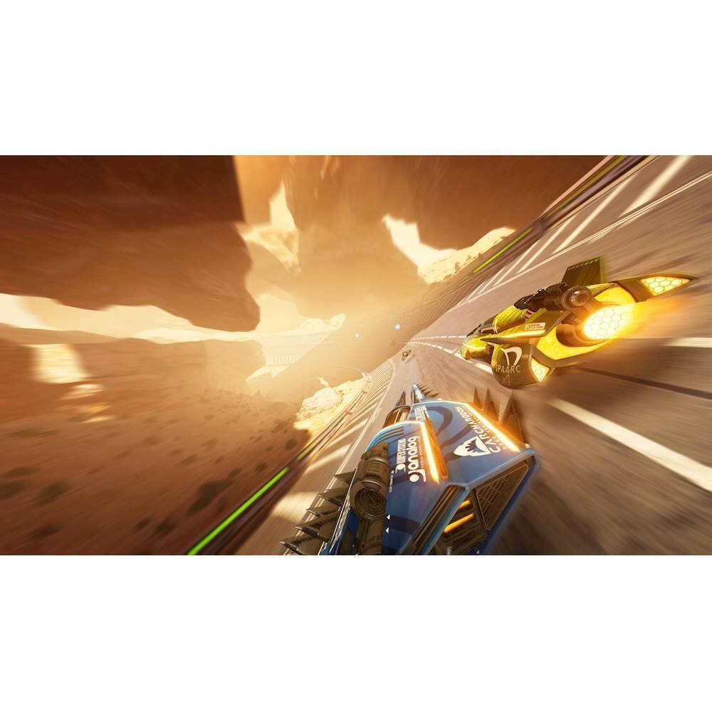 The image showcases a video game with two cars racing down a road. The first car is a blue car, and the second car is a yellow car. The scene is set in a desert environment with a mountain in the background. The cars are racing at high speeds, and the image captures the excitement and thrill of the game.