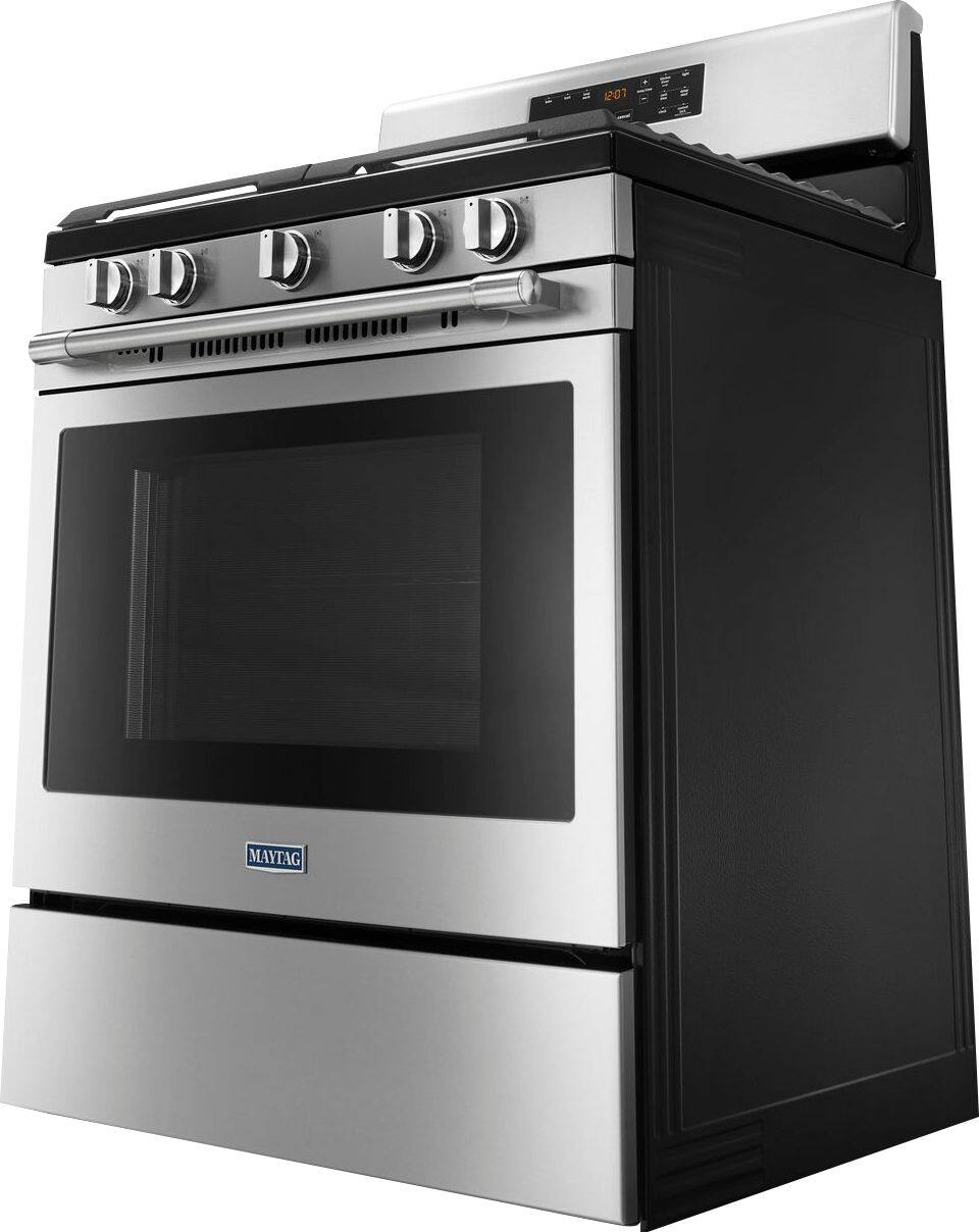 Left. Maytag - 5.0 Cu. Ft. Self-Cleaning Freestanding Fingerprint Resistant Gas Range - Stainless Steel.