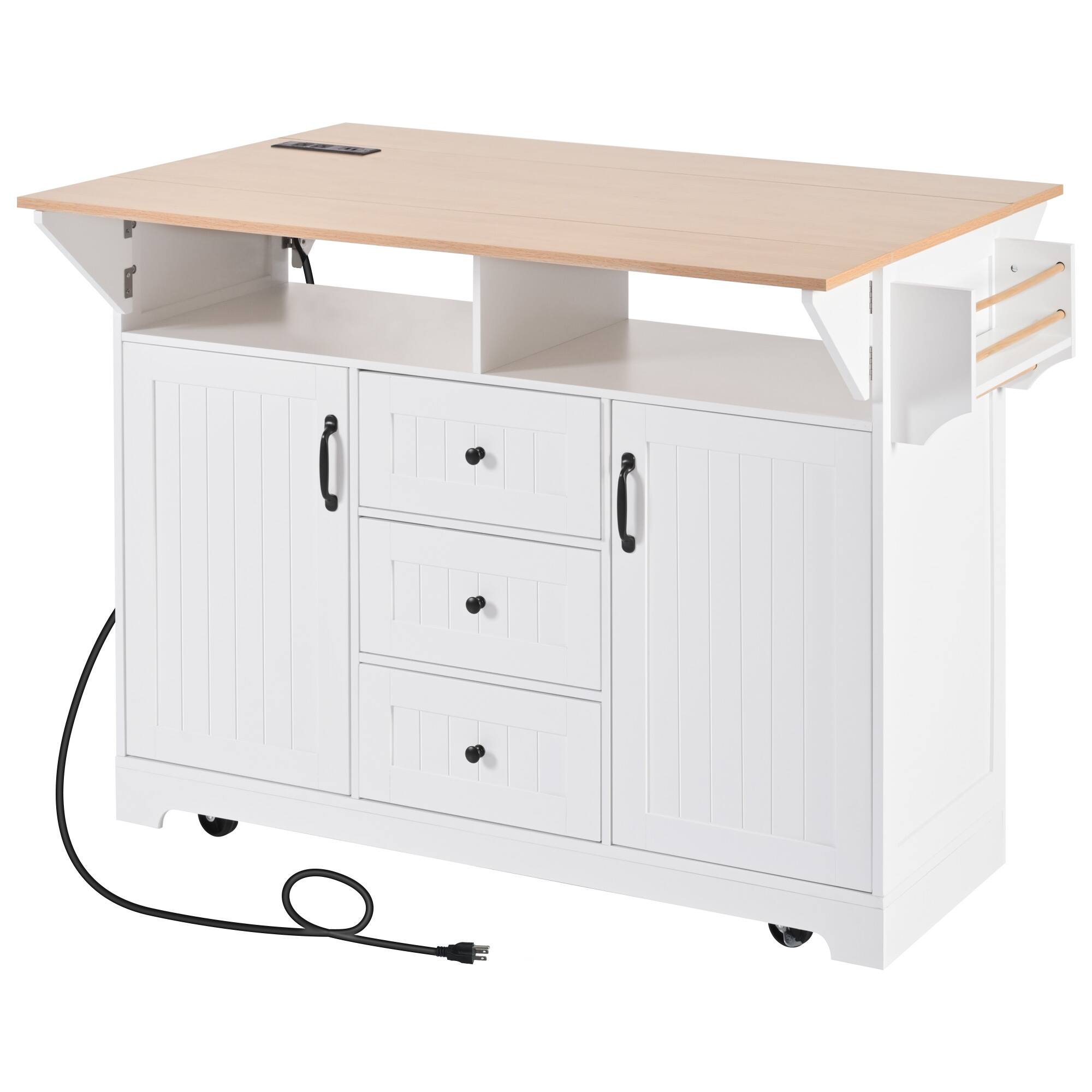 Back. Whisen - 56" Large Kitchen Island, Rolling Cart with Power Outlet, Drop Leaf for Dining Room - White.