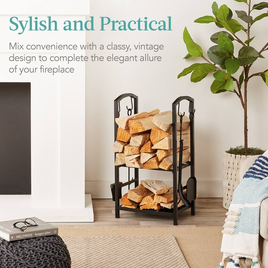 Round Metal Firewood Rack Holder Stand Black, Heavy Duty Steel Frame For Fireplace Log Storage Rack, Load 50kg