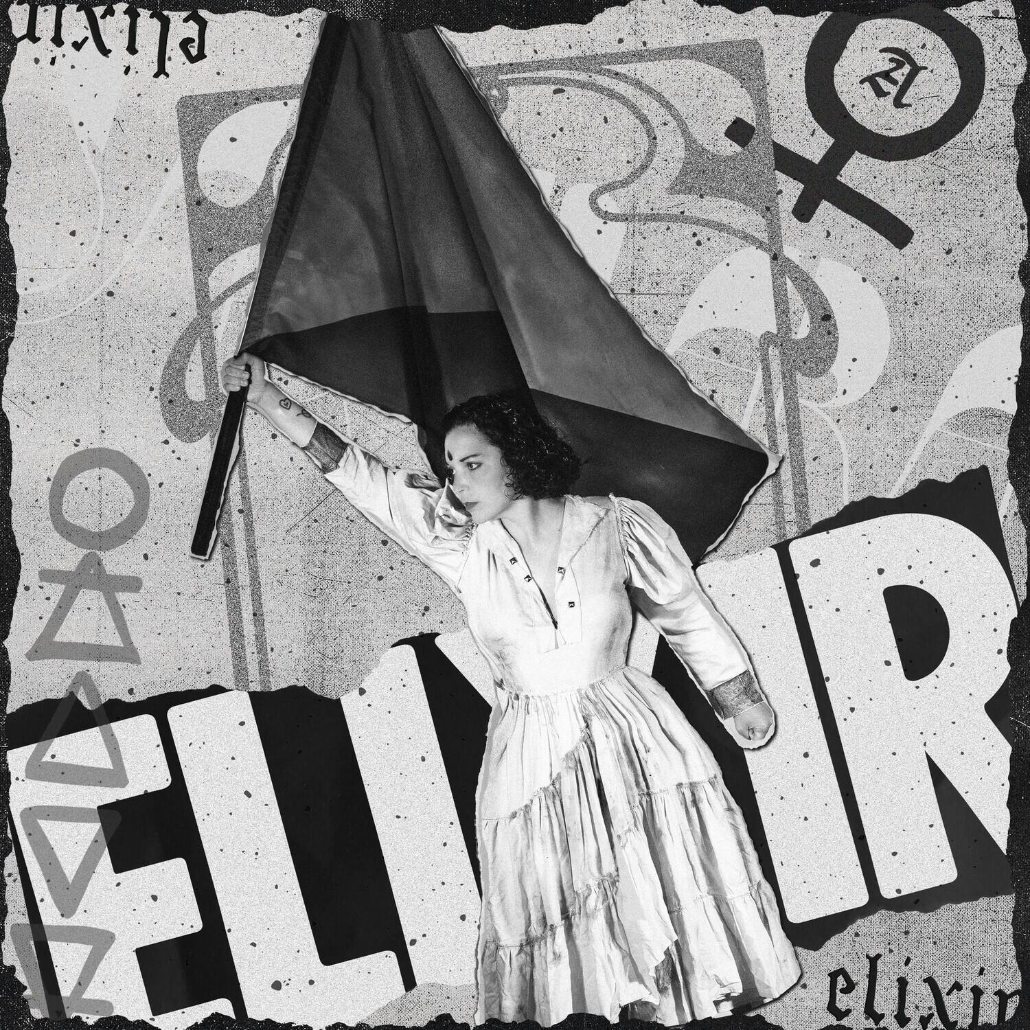 The text in the image can be grouped and corrected as follows:

- "elixir"
- "elixir"
- "R"
- "O"
- "A"
- "ZL" (inside a symbol resembling a female gender sign with a hammer and sickle)

The image also includes a flag and various symbols, but the text provided is as above.