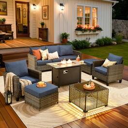 Ovios - 7 PCS Patio Furniture Set with 42" Fire Pit Table, 3 Seat Wicker Sofa with Armchairs & Ottoman for Garden - Denim Blue