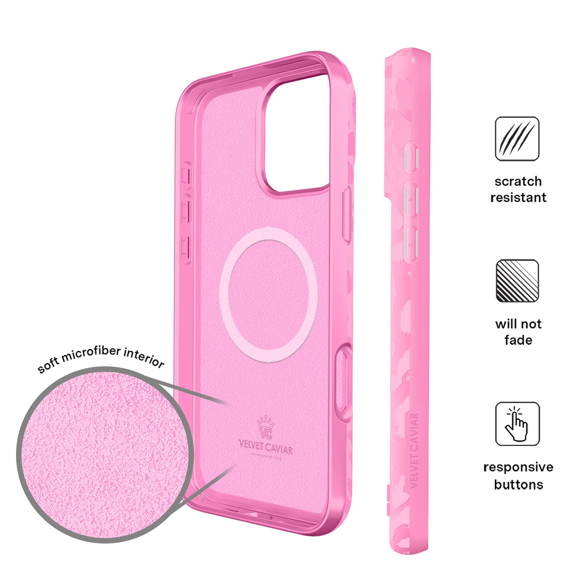 - Scratch resistant
- Will not fade
- Responsive buttons
- Soft microfiber interior
- Velvet Caviar