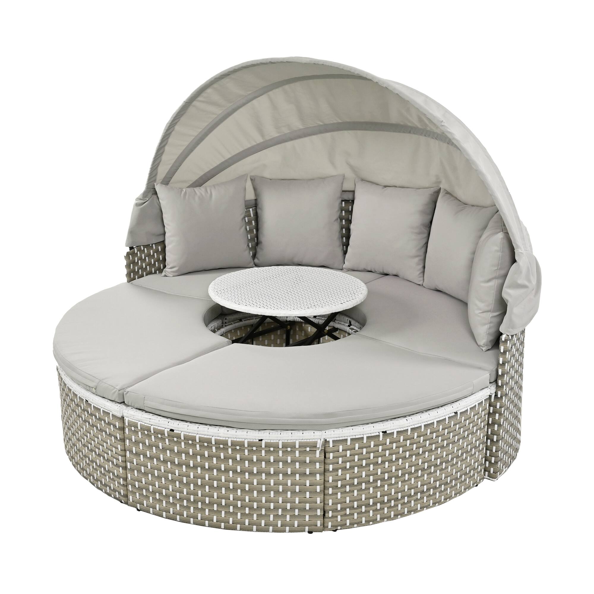 Alt View 1. Tiramisubest - Round Patio Sectional Rattan Daybed w/ Retractable Canopy,Two-Tone Weave,Separate Seating and Removable Cushion, Gray - Gray.