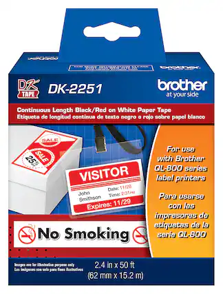 Front. Brother - Brother DK-2251 Continuous Length Replacement Labels, Black/Red on White Paper Tape, 2.4” x 50 feet, 1 Roll per Box - Black/Red on White.