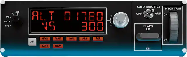 ALT vs IAS - HDG CRS ALT N5 0 1780 300 AUTO THROTTLE PITCH TRIM OFF ARM DN FLAPS UP AP HDG APR NAV REV IAS ALT vs DN UP