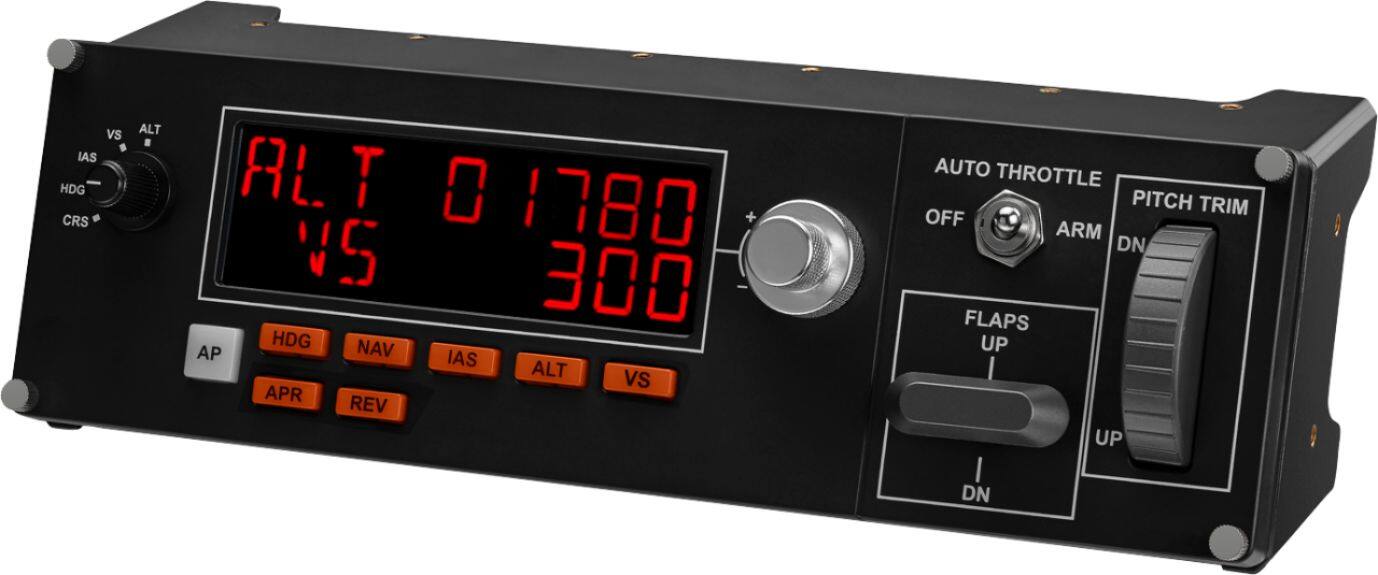 The text on the image reads: "ALT 01780 VS 300 HDG NAV AP IAS ALT vs APR REV AUTO THROTTLE PITCH TRIM OFF ARM DN FLAPS UP UP I DN APR."