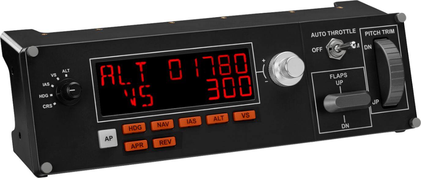 The text on the image reads: "vs IAS ALT + ALT TI 0 1780 NS 300 vS IAS ALT NAV HDG AP REV APR AUTO THROTTLE PITCH TRIM A DN OFF FLAPS UP JP DN."