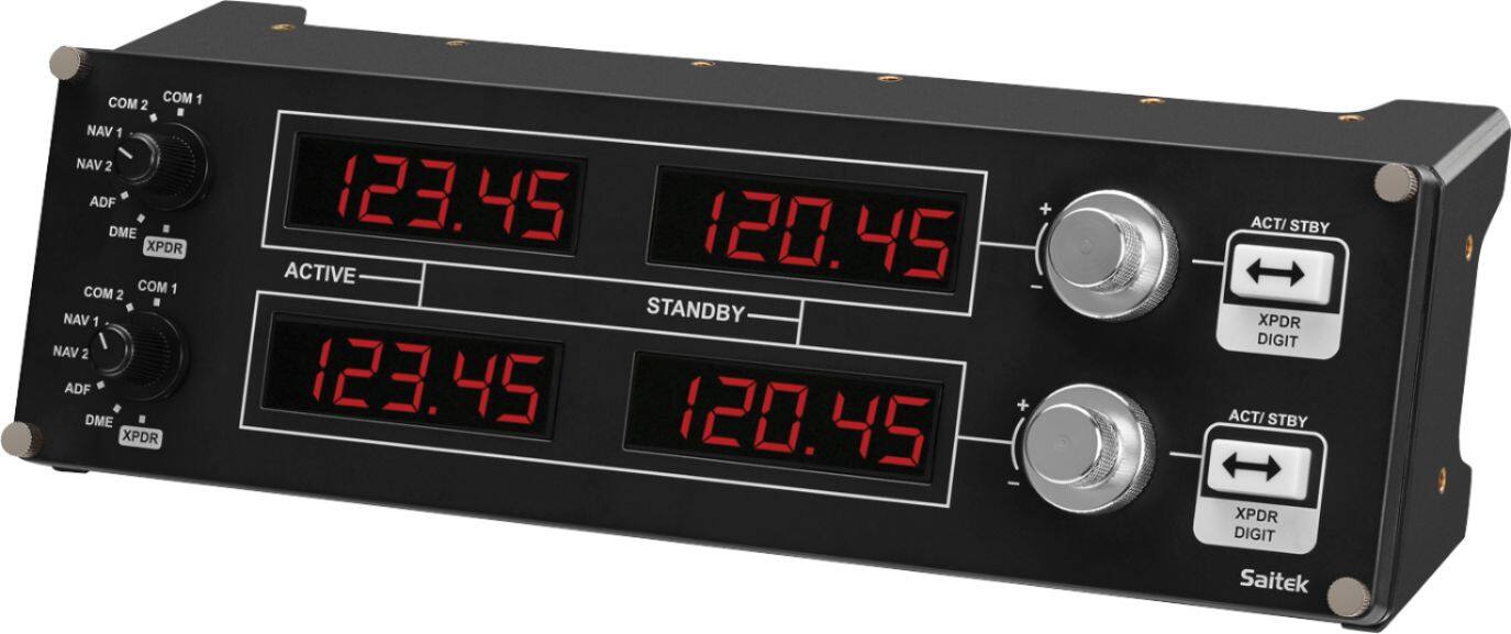The text on the image reads: "COM 2 COM 1 NAV 1 NAV 2 ADF DME XPDR COM COM 1 2 NAV 1 NAV 2 ADF DME XPDR 123.45 120.45 ACTIVE STANDBY 123.45 120.45 + ACT/STBY XPDR DIGIT ACT/STBY XPDR DIGIT Saitek."

The corrected text is: "COM 2 COM 1 NAV 1 NAV 2 ADF DME XPDR COM COM 1 2 NAV 1 NAV 2 ADF DME XPDR 123.45 120.45 ACTIVE STANDBY 123.45 120.45 + ACT/STBY XPDR DIGIT ACT/STBY XPDR DIGIT Saitek."
