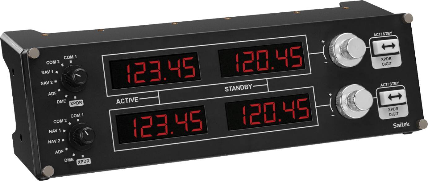COM 1 COM 2 NAV 1 NAV 2 ADF DME XPDR COM 1 COM 2 NAV 1 NAV 2 ADF DME XPDR + 120.45 45 123.45 STANDBY ACTIVE 45 120.45 45 123.45 ACT/ STBY XPDR DIGIT ACTI STBY XPDR DIGIT Saitek