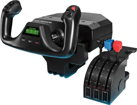 The Flight Yoke System MOOE123 is a device that features a joystick and a display. The joystick is designed to be used with the display, and it can be used for various purposes, such as controlling a flight simulator or a video game. The display shows the current status of the joystick, including the position and orientation of the joystick. The device is equipped with a green display and a red button, which can be used to control the joystick or to access additional features. The Flight Yoke System MOOE123 is a versatile and functional device that can be used in a variety of applications.