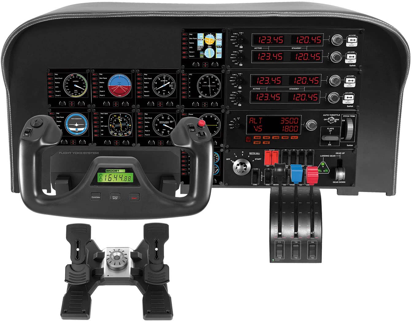 The image shows a cockpit of an airplane with a flight control panel and a flight stick. The panel displays various information, including the altitude, airspeed, and other flight parameters. The flight stick is connected to the panel and is used to control the aircraft's movements. The image also shows a close-up of the flight stick and the panel, highlighting the intricate details of the flight control system.