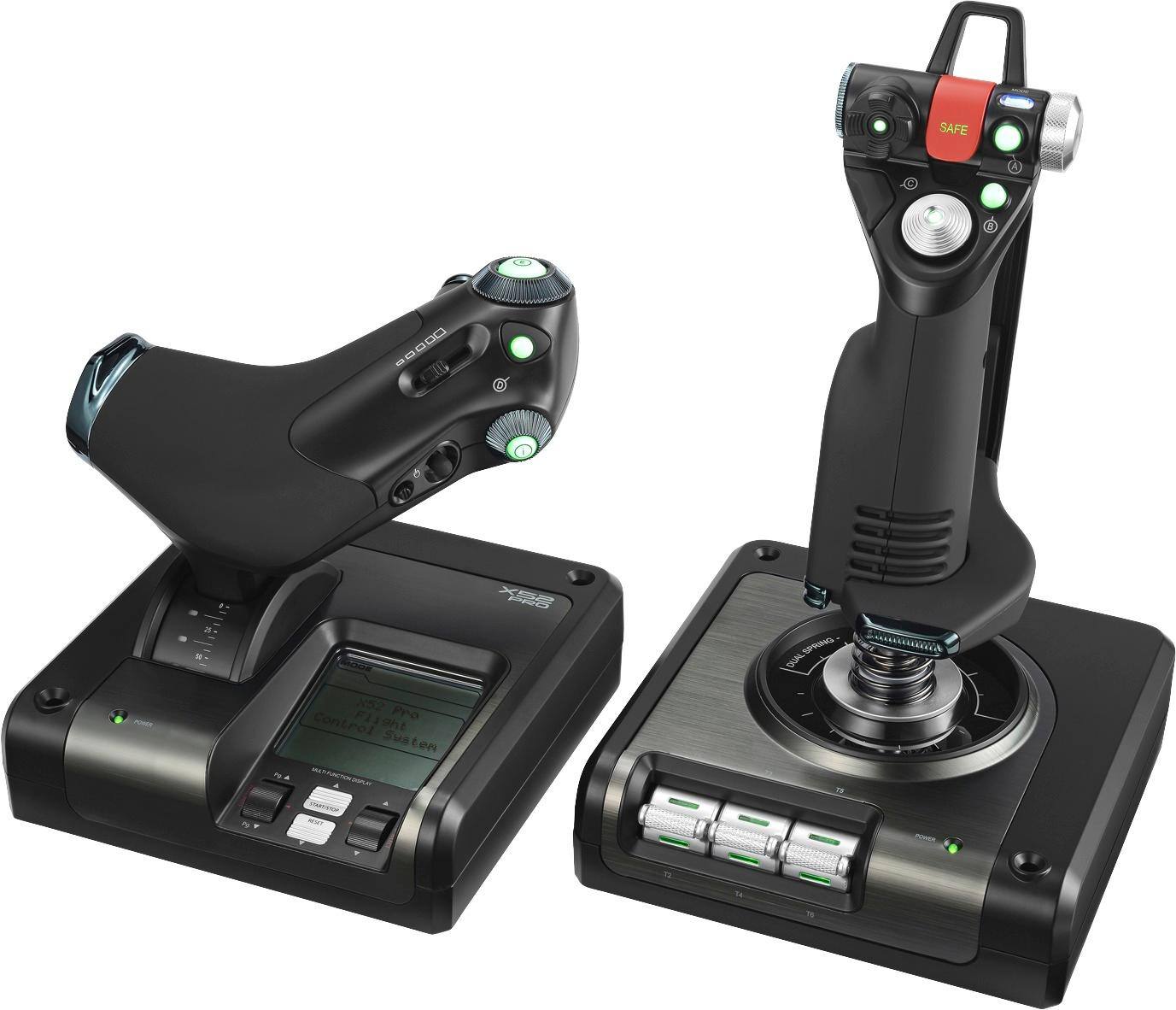 The image showcases a set of two controllers, one of which is a steering wheel controller and the other is a joystick controller. Both controllers are placed on a table, and they appear to be designed for use with a video game console. The controllers are labeled with the numbers 1 and 2, indicating that they are likely used for different functions or gameplay options. The controllers are positioned next to each other, with the steering wheel controller on the left and the joystick controller on the right.