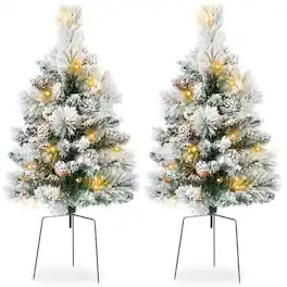Best Choice Products - Set of 2 24.5in Outdoor Scotch Pine Pathway Christmas Trees Decor w/ LED Lights, Pine Cones - Flocked