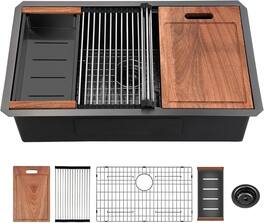 APRILSOUL - 32 Gunmetal Undermount Workstation Kitchen Sink Handmade 10 Inch Deep With Accessories - Black