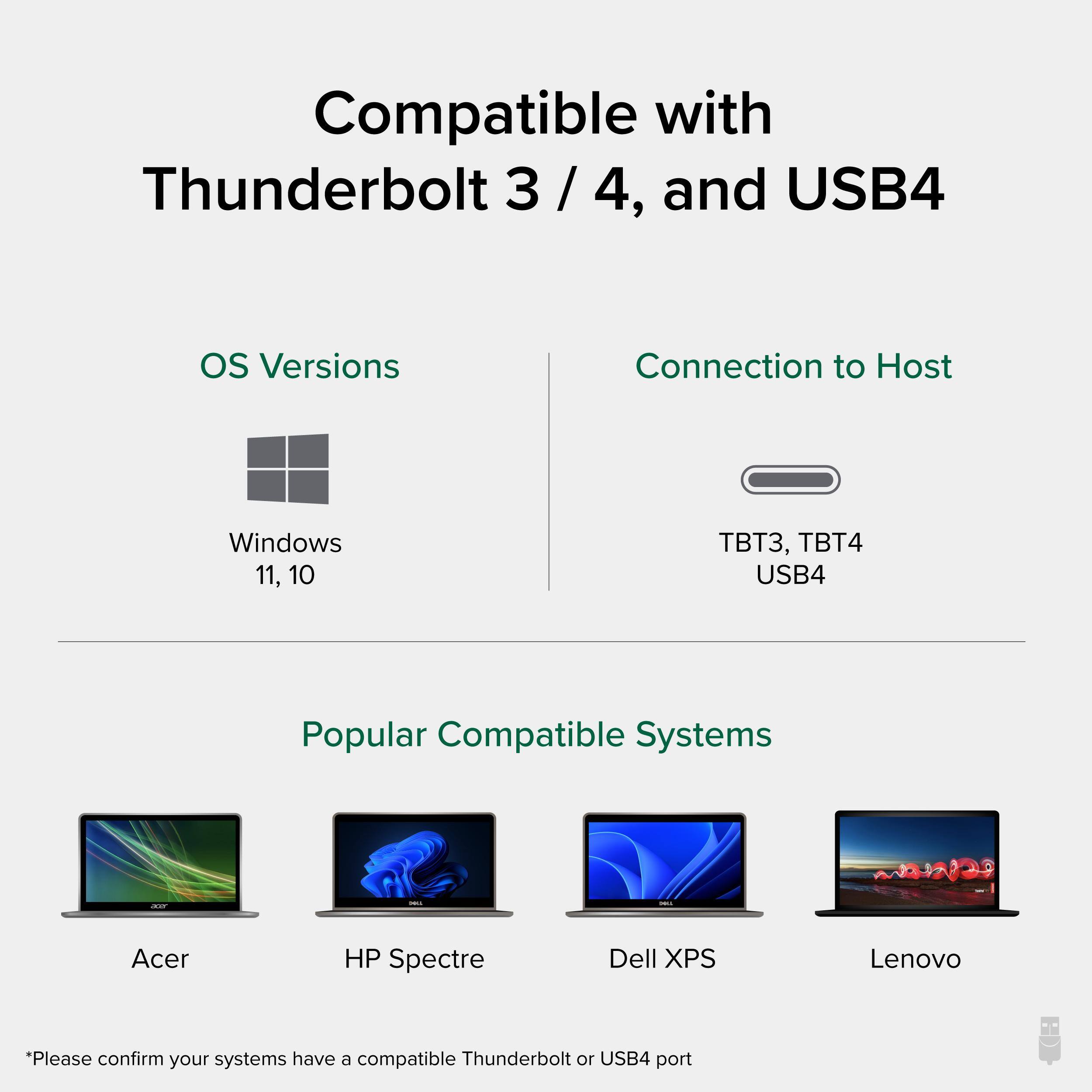 Compatible with Thunderbolt 3/4, and USB4
OS Versions
Connection to Host
Windows 11, 10
T3, TBT4 USB4
Popular Compatible Systems
Acer HP Spectre Dell XPS Lenovo
*Please confirm your systems have a compatible Thunderbolt or USB4 port