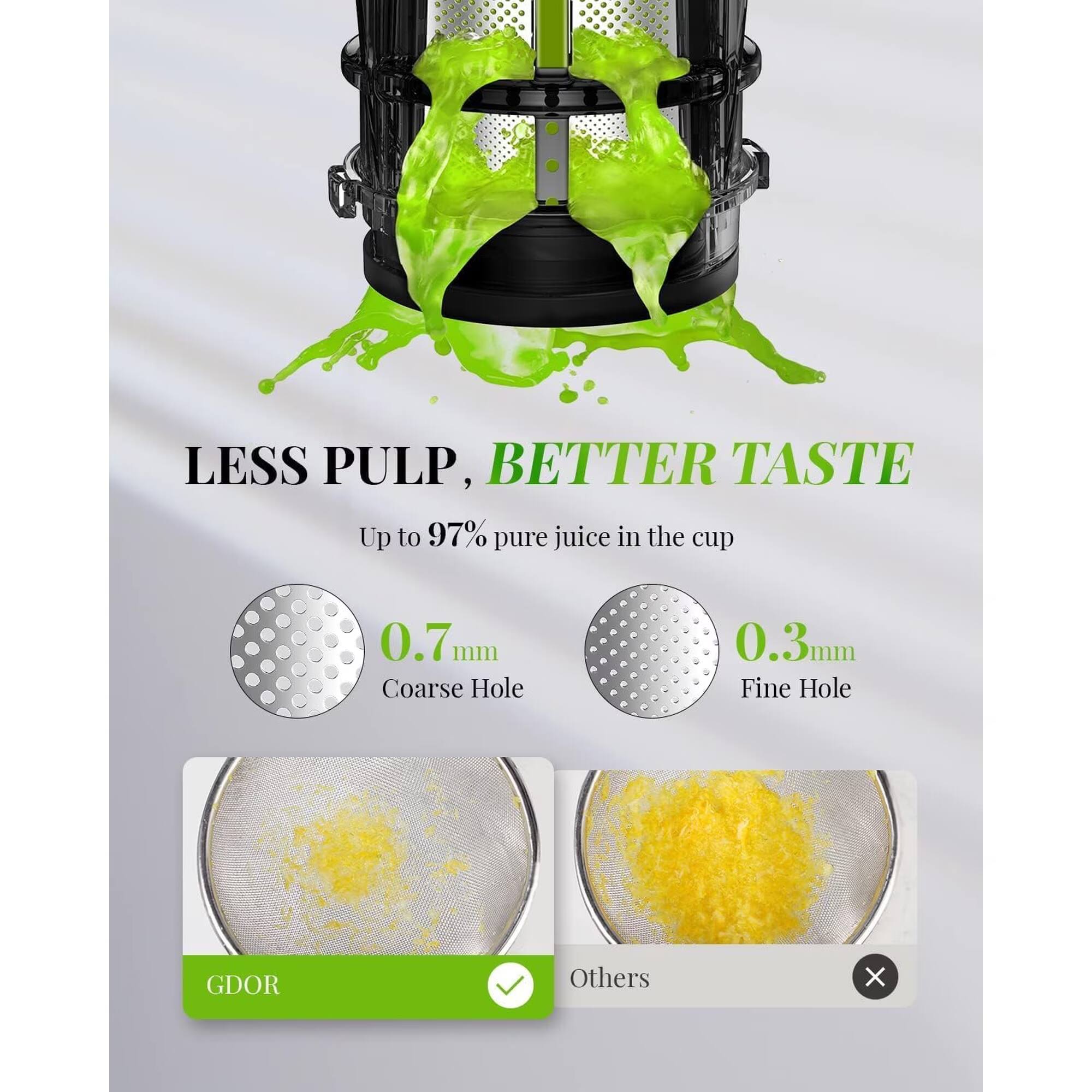 LESS PULP, BETTER TASTE  
Up to 97% pure juice in the cup  
0.7 mm Coarse Hole  
0.3 mm Fine Hole  
GDOR  
Others