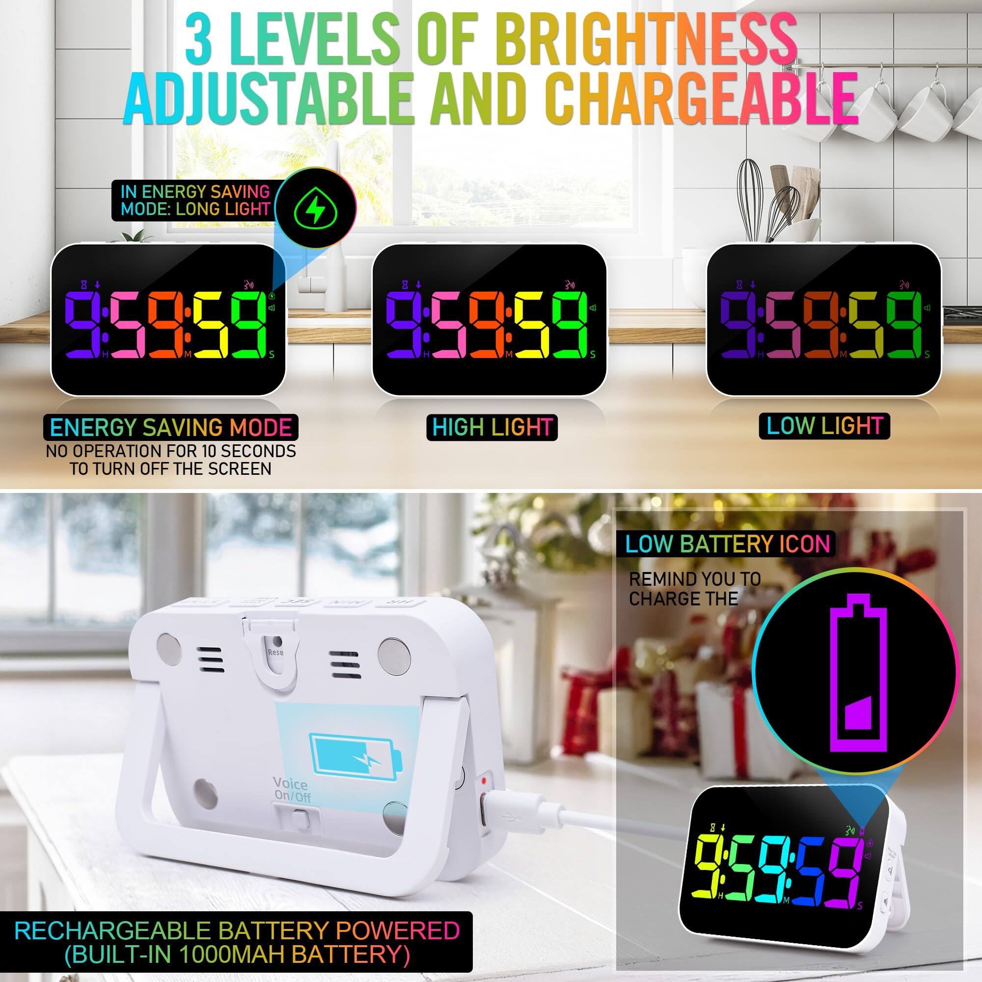 3 LEVELS OF BRIGHTNESS ADJUSTABLE AND CHARGEABLE

- IN ENERGY SAVING MODE: LONG LIGHT
- ENERGY SAVING MODE: NO OPERATION FOR 10 SECONDS TO TURN OFF THE SCREEN
- HIGH LIGHT
- LOW LIGHT
- LOW BATTERY ICON REMIND YOU TO CHARGE THE
- RECHARGEABLE BATTERY POWERED (BUILT-IN 1000MAH BATTERY)
