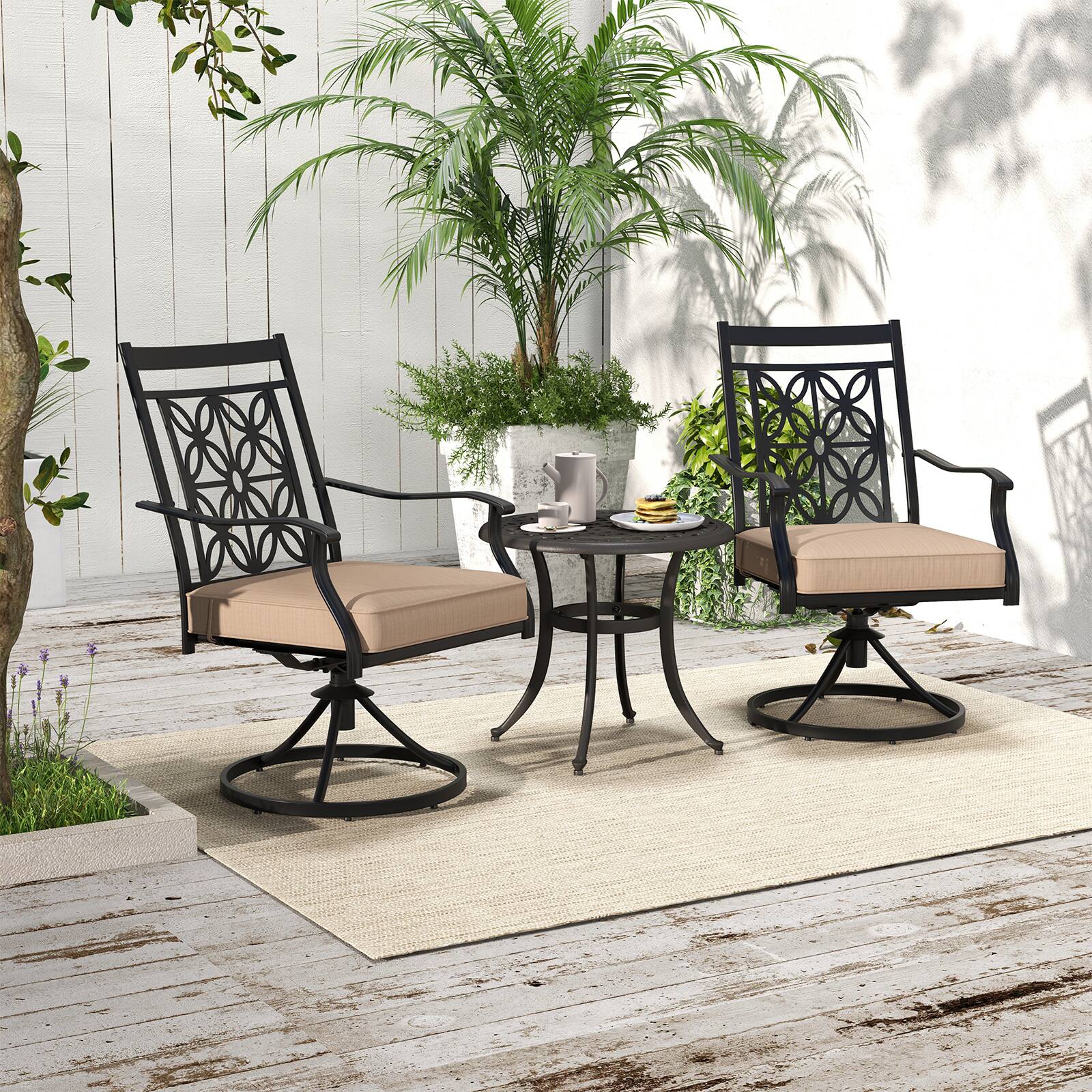 Alt View 7. Gymax - Gymax Patio Metal Swivel Chairs Set of 2 Fabric Bistro Rocker Chairs w/ Curved Armrests - Black, khaki.