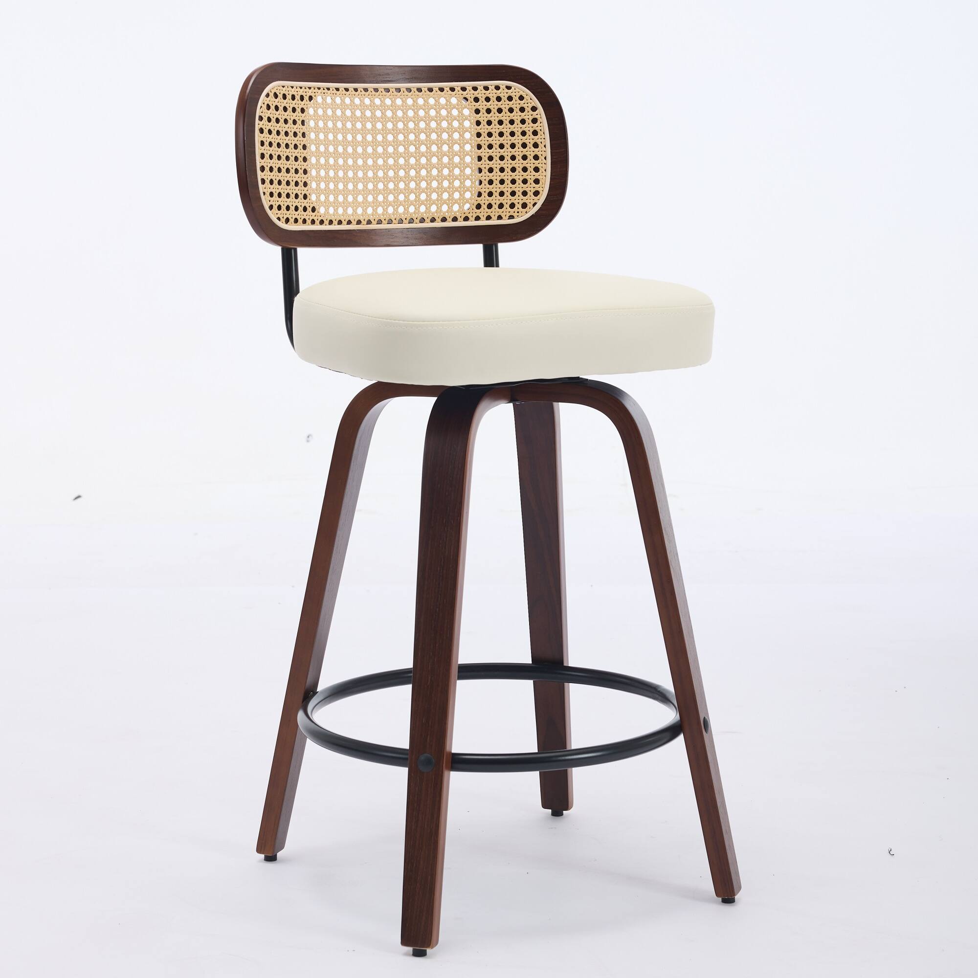 Left. APRILSOUL - Set of 2 Counter Height Bar Stools 26 inch Rattan Cane Back Upholstered Seat Walnut Swivel - Beige.