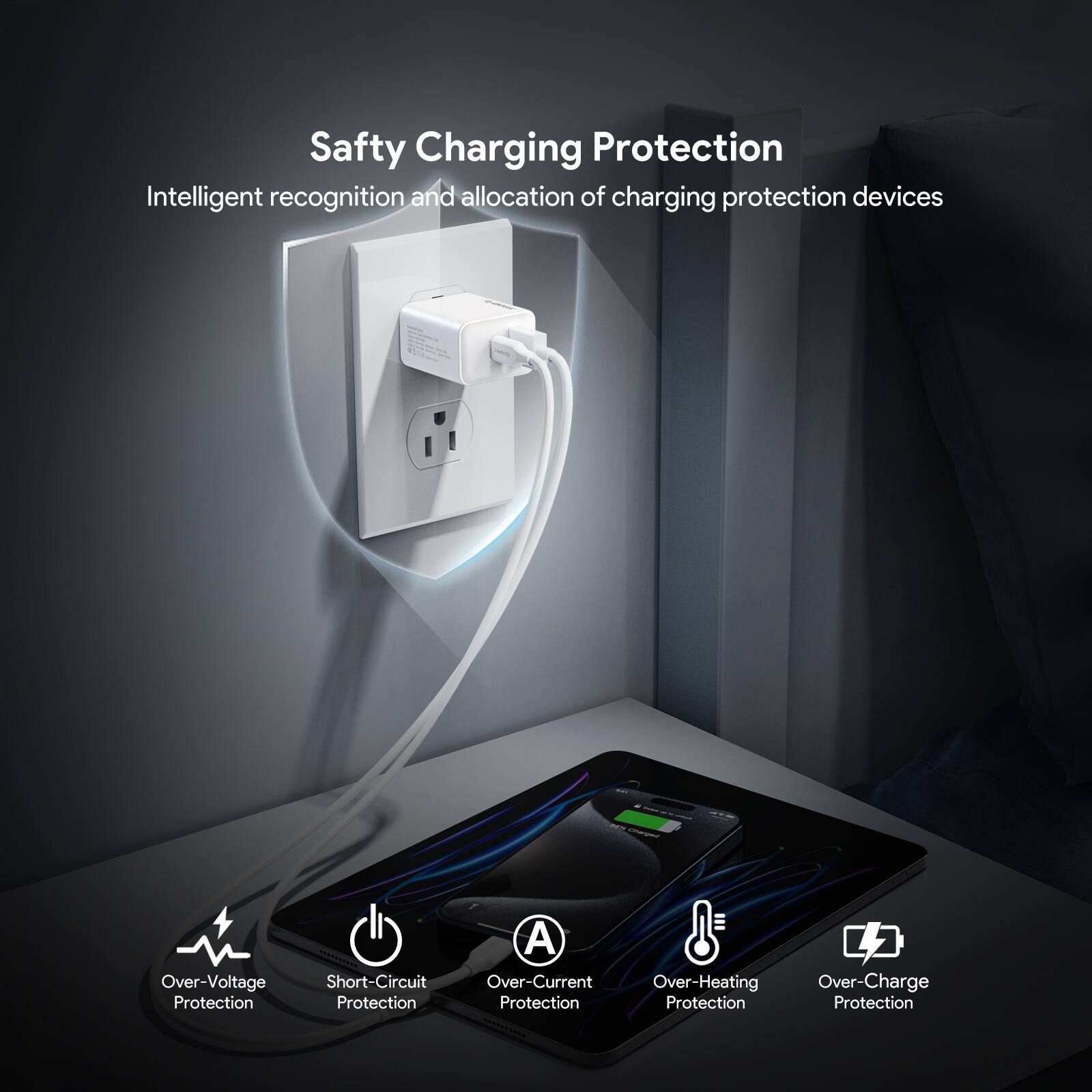 Safety Charging Protection  
Intelligent recognition and allocation of charging protection devices  
- Over-Voltage Protection  
- Short-Circuit Protection  
- Over-Current Protection  
- Over-Heating Protection  
- Over-Charge Protection