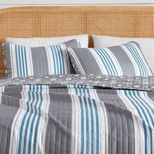Back. Hivvago - Full/Queen 3 Piece Coastal Starfish Sand Dollar Grey Blue White Quilt Set - Grey Blue White.