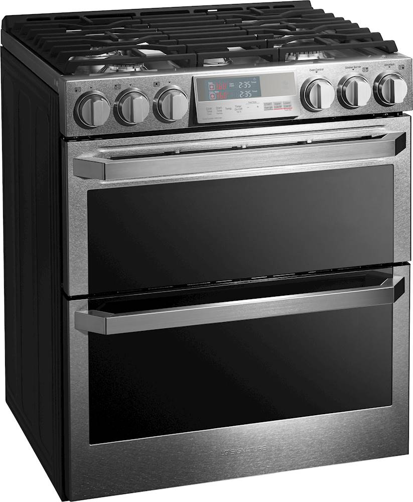 Angle View: LG - SIGNATURE 6.9 Cu. Ft. Self-Cleaning Slide-In Double Oven Gas ProBake Convection Smart Wi-Fi Enabled Range - Textured steel