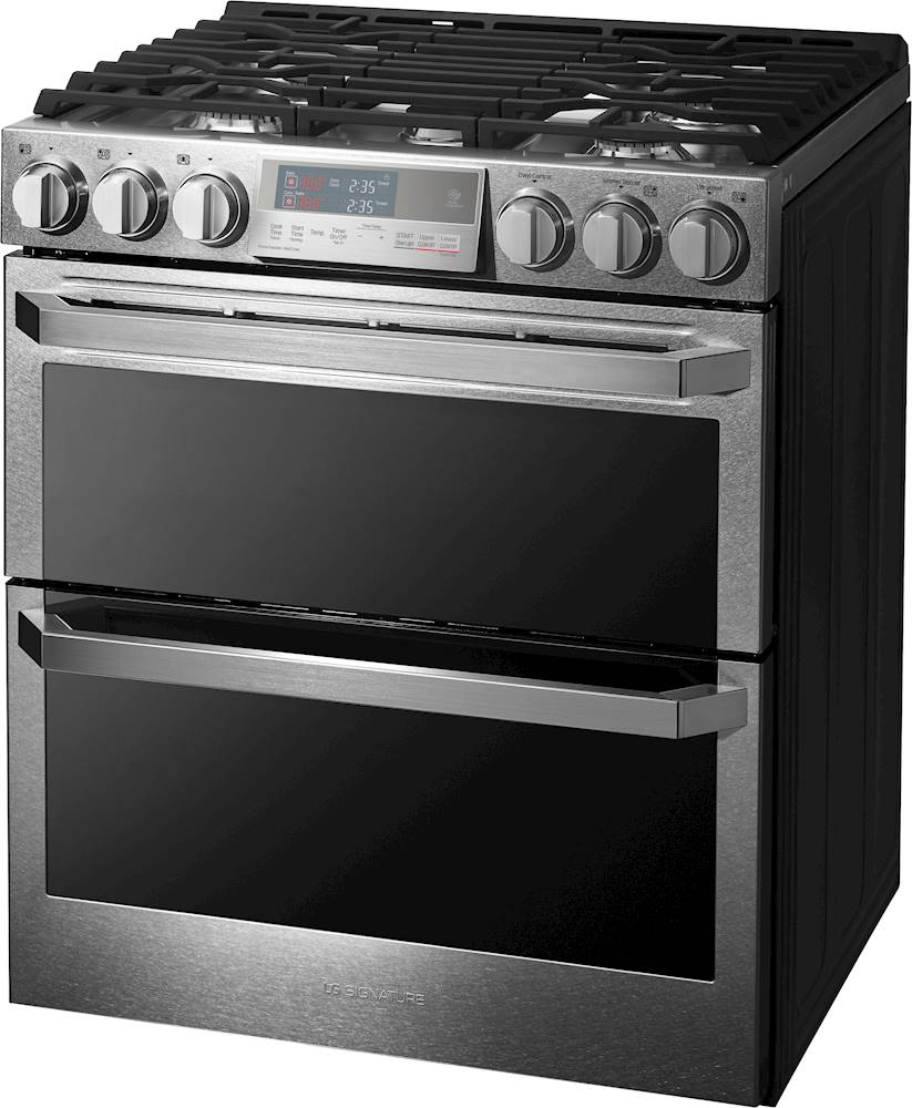 Left View: LG - SIGNATURE 6.9 Cu. Ft. Self-Cleaning Slide-In Double Oven Gas ProBake Convection Smart Wi-Fi Enabled Range - Textured steel