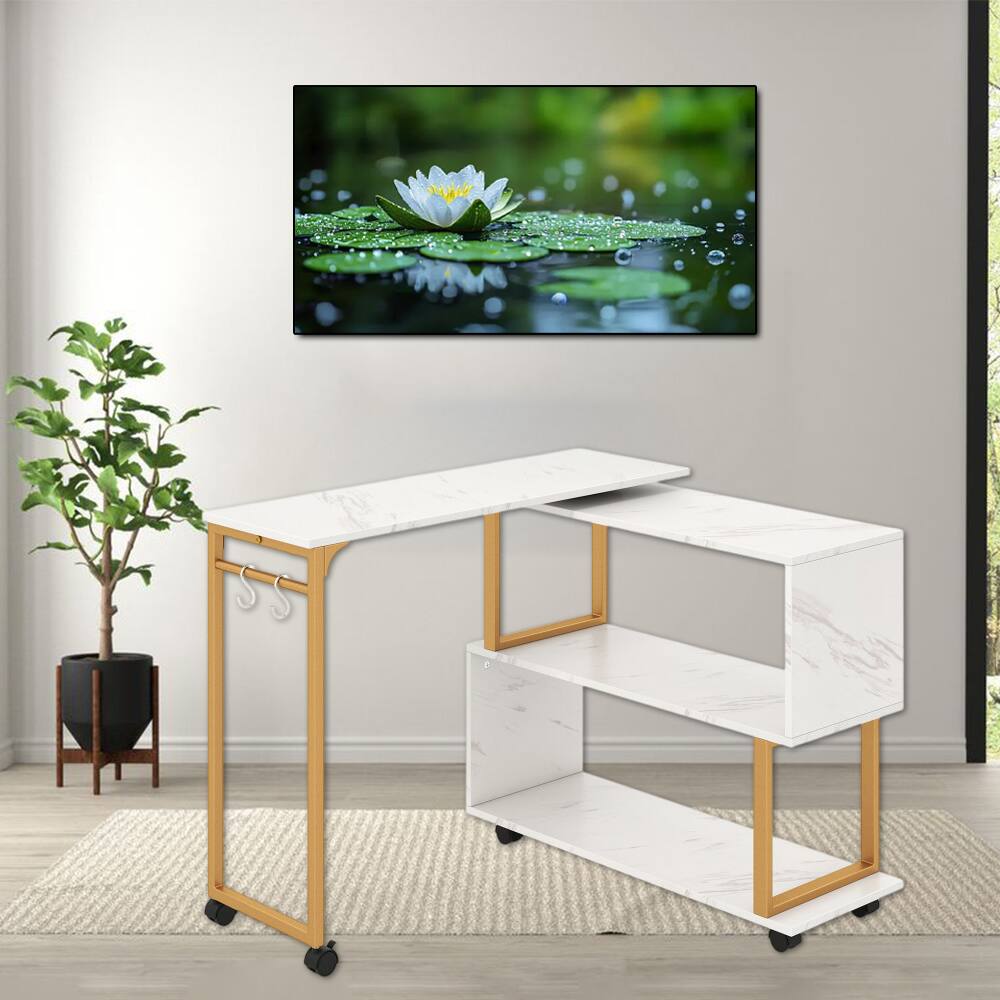 Front. Hivvago - 360° Rotatable Sofa Table with Storage Compartments and Utility Hooks - White.