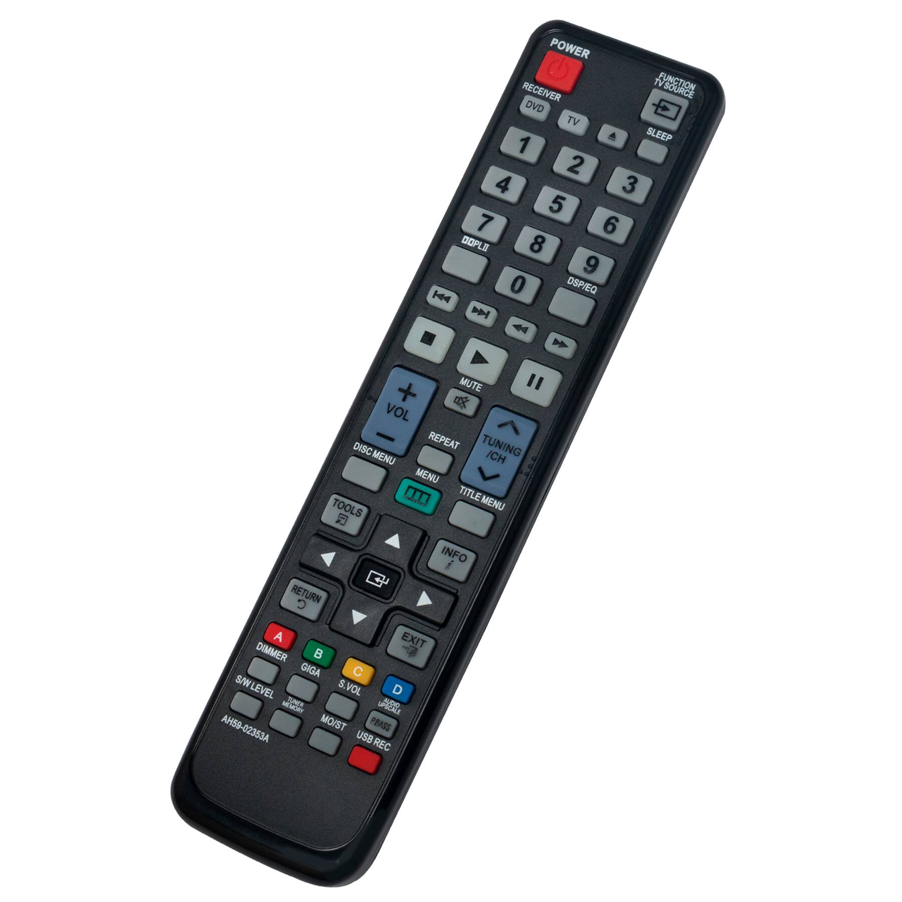 POWER RECEIVER TV SOURCE DVD TV A SLEEP 1 2 3 4 5 6 7 8 9 0 DOPPLI DSP/SEQ MUTE VOL DISC REPEAT TUNING MENU ICH MENU TOOLS 00 TITLE MENU RETURN INFO EXIT DIMMER GIGA C S/W VOL LEVEL D MEMORY SNT Unin AH59-02353A AH50- MO/ST PRASS USB REC